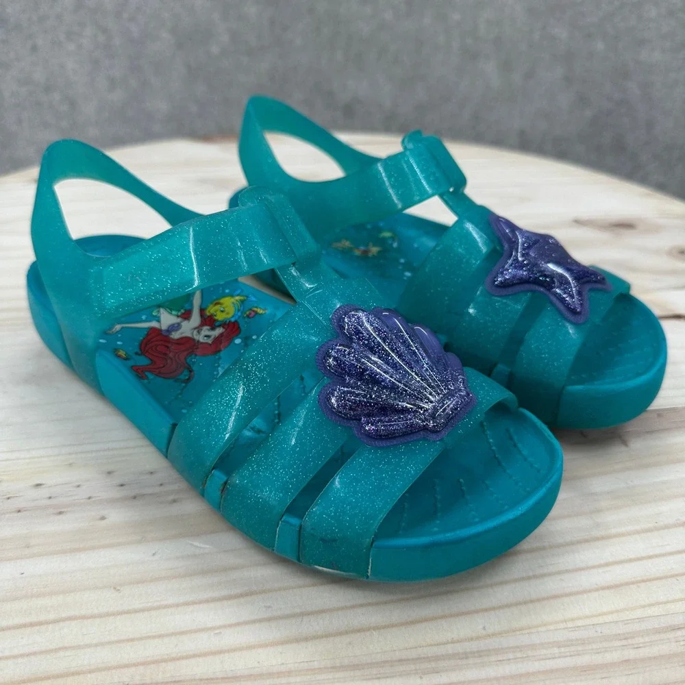 Crocs Isabella Sandals Girls Size J3 Teal Little Mermaid Ariel Glitter Jelly